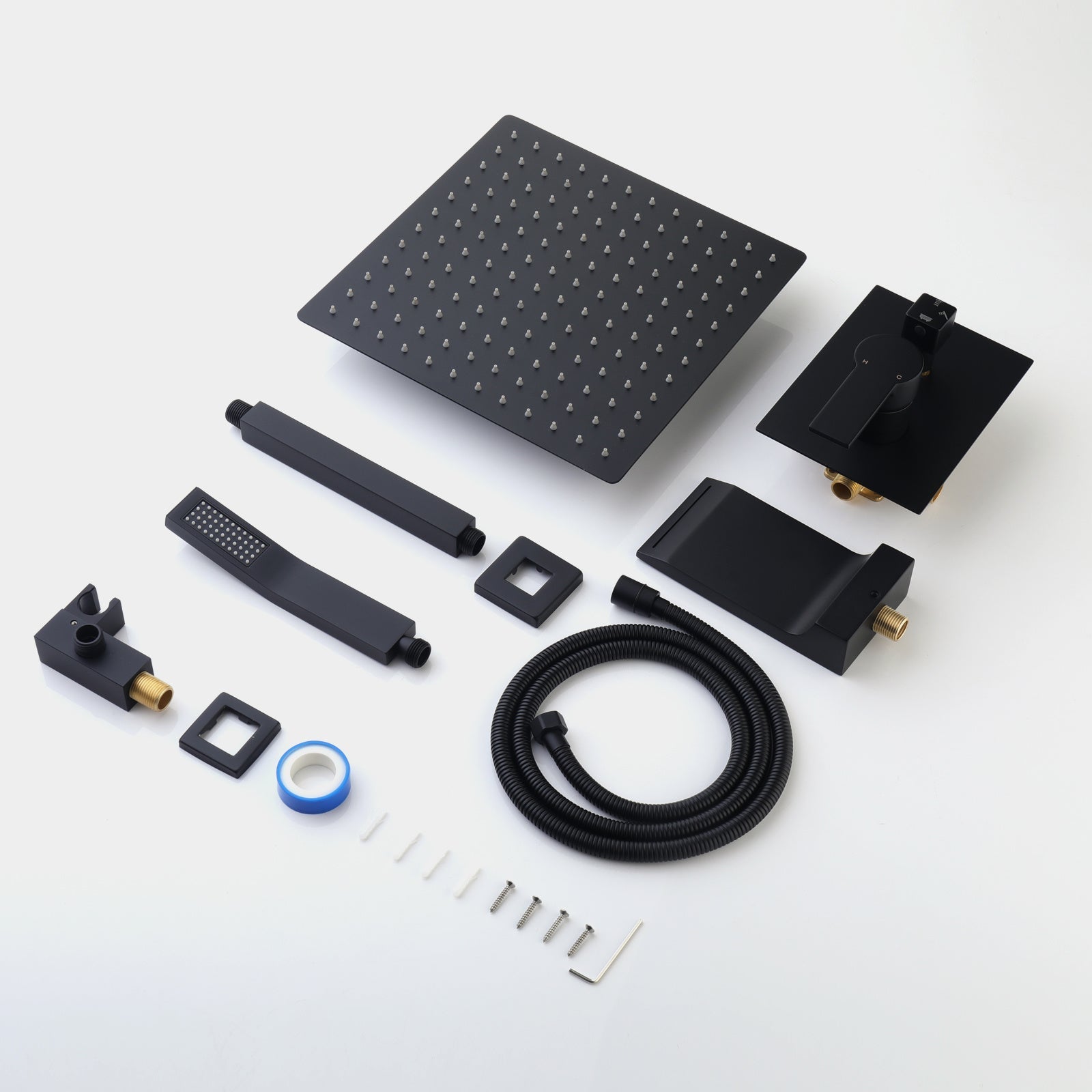 Matte black shower faucet set components kit: rain head, bar, handheld, hose, fittings