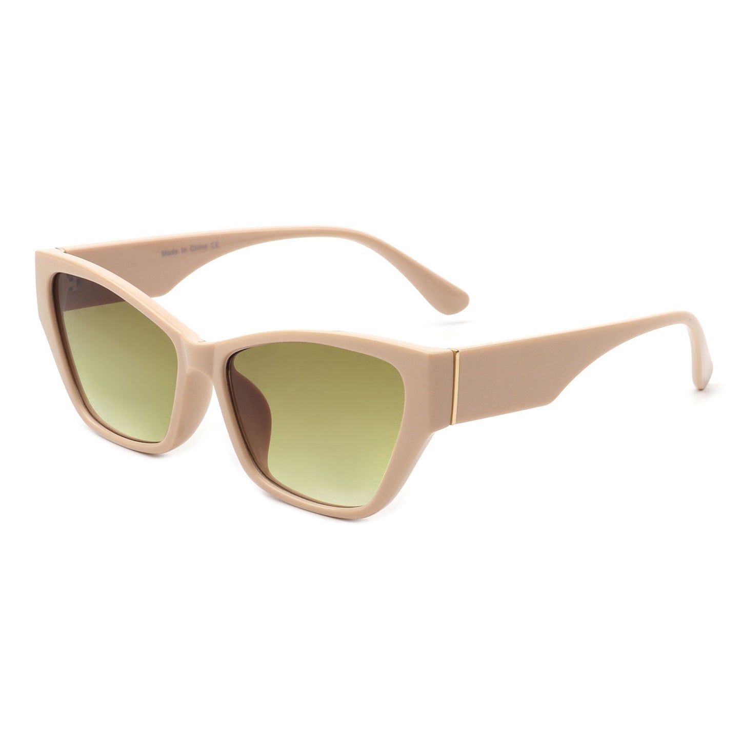 Square retro cat-eye sunglasses, nude frame, light green tinted lenses, curved temples