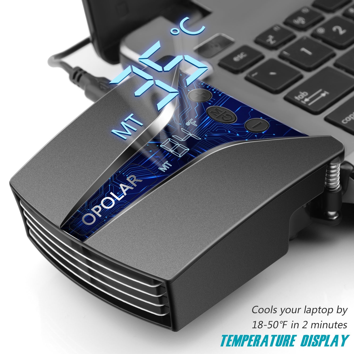 Black laptop cooling fan base with glowing temperature readout and side buttons