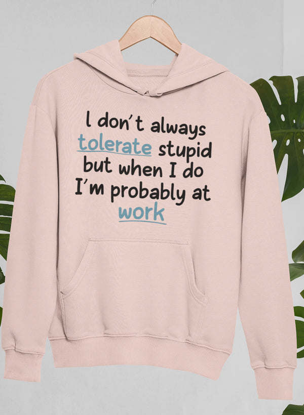 Blush pink hoodie, front pocket, hooded sweatshirt with slogan and 'work' text