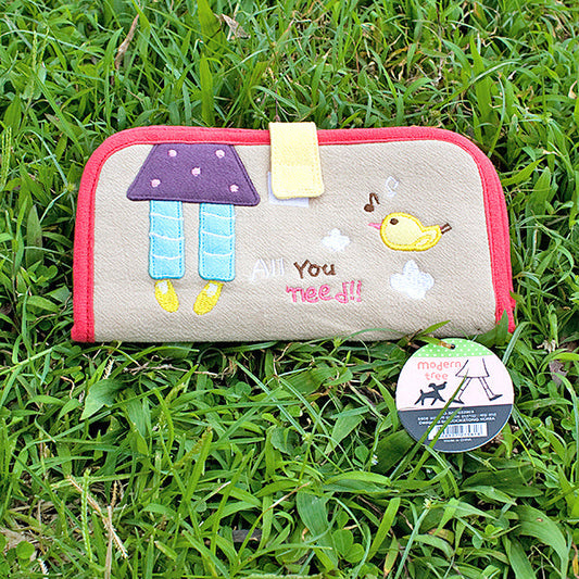 Embroidered fabric wallet purse with applique, tan body, pink trim, card and ID holder