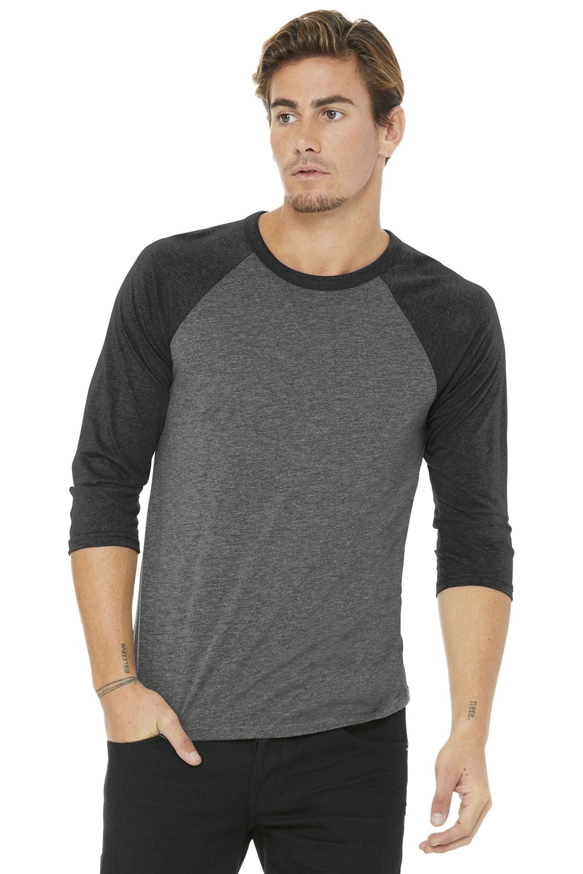 Unisex 3/4-sleeve baseball tee in dark heather gray with raglan sleeves
