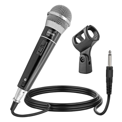 Black handheld dynamic microphone with shock mount and attached audio cable