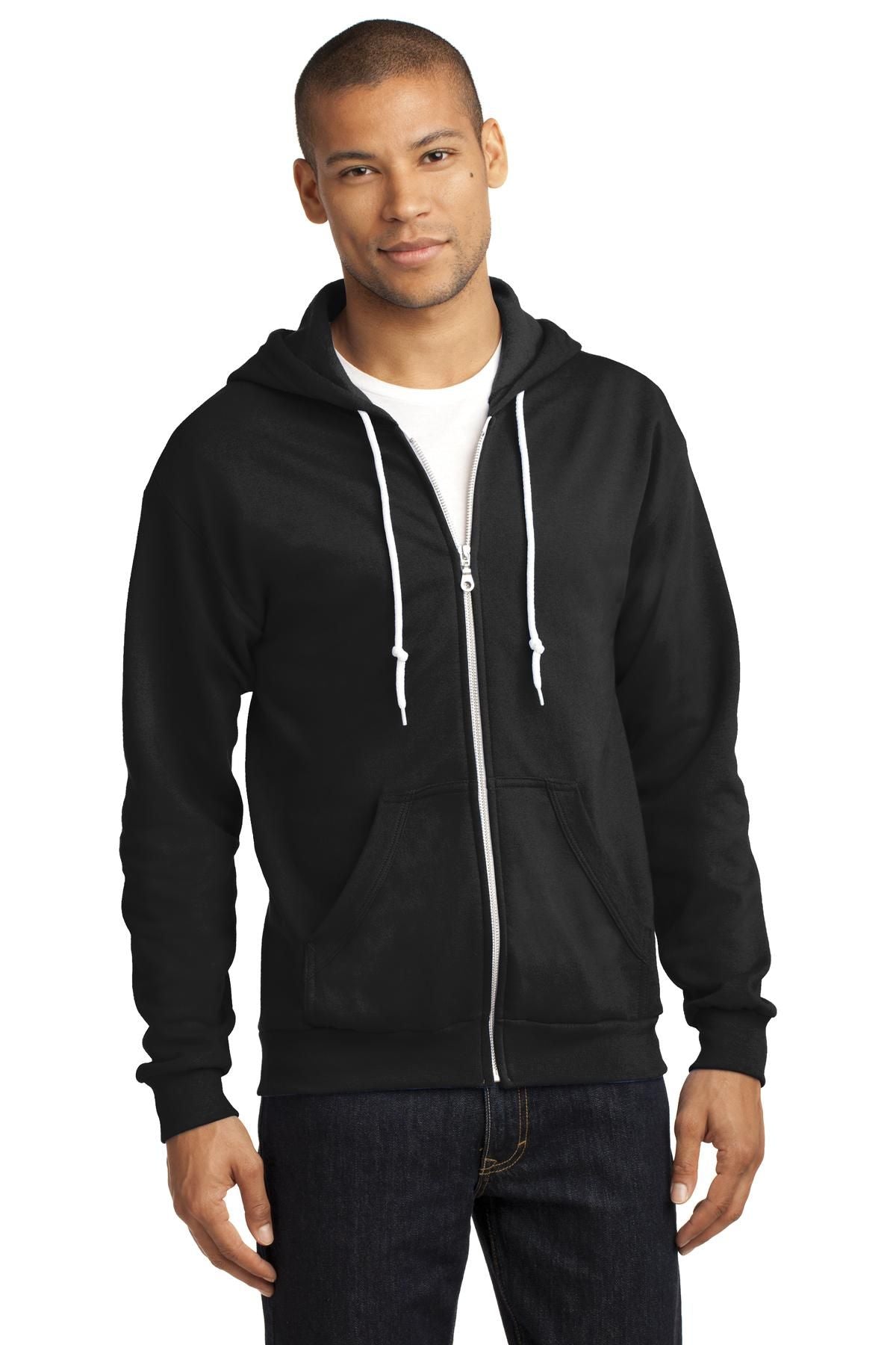 Full-zip hooded sweatshirt in black with white drawstrings and front zip pocket
