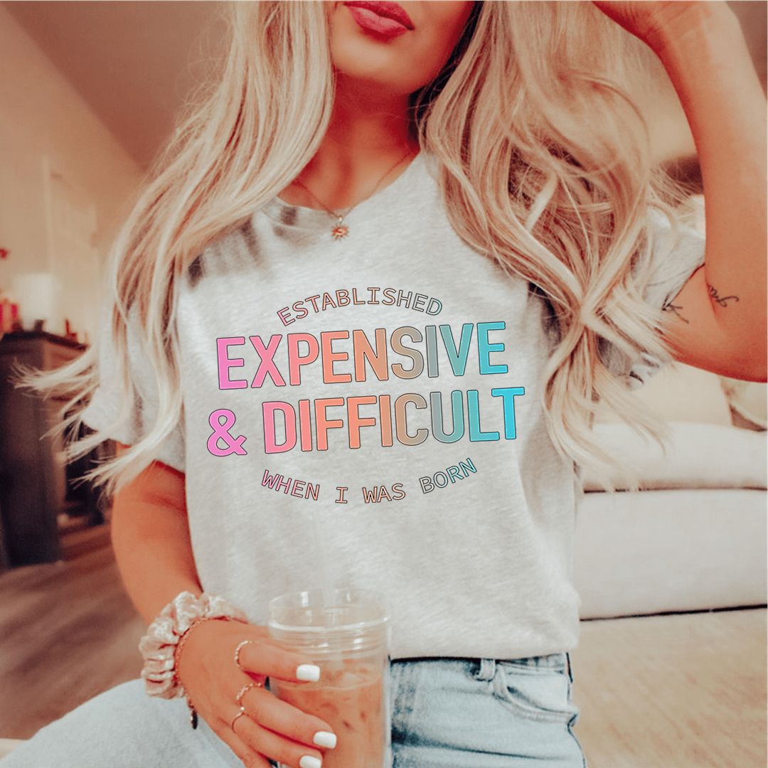 Heather gray T-shirt with colorful 'EXPENSIVE & DIFFICULT' text
