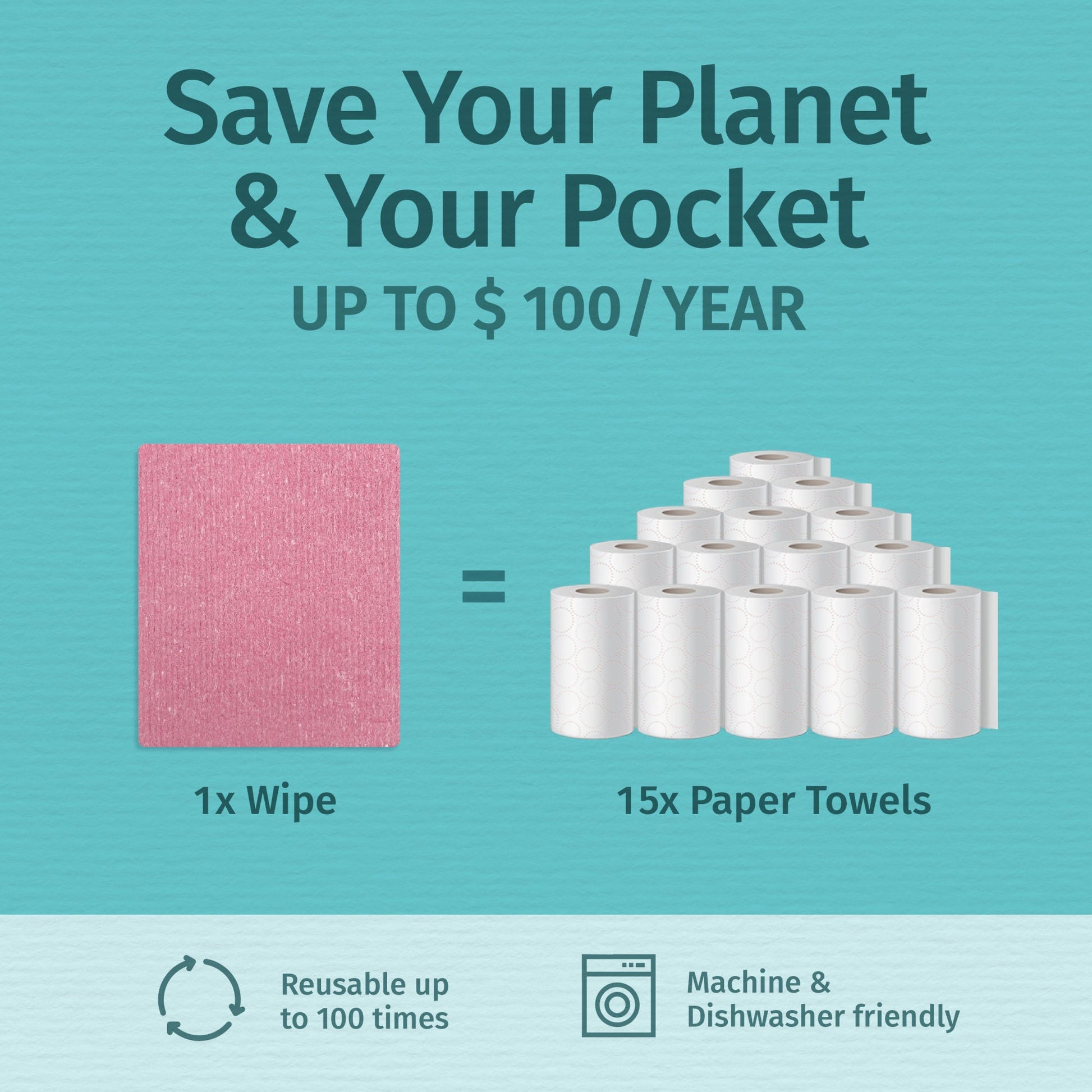 Skadu multi-surface wipe, pink cloth icon shown against paper towels roll