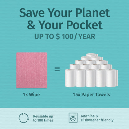 Skadu multi-surface wipe, pink cloth icon shown against paper towels roll