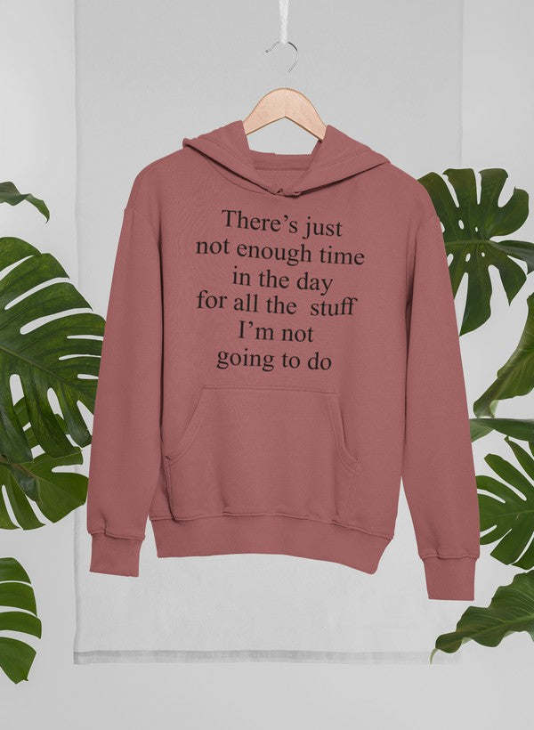 Mauve pullover hoodie with hood, kangaroo pocket, and printed quote on chest.