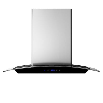 30-inch wall mounted range hood underside view with curved stainless hood and glass panel