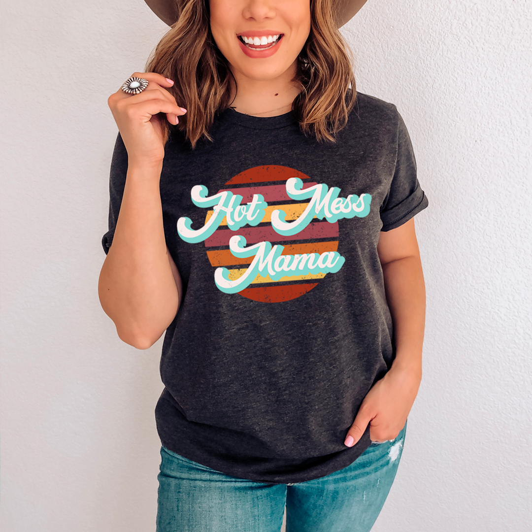 Dark grey crew-neck t-shirt with "Hot Mess Mama" graphic