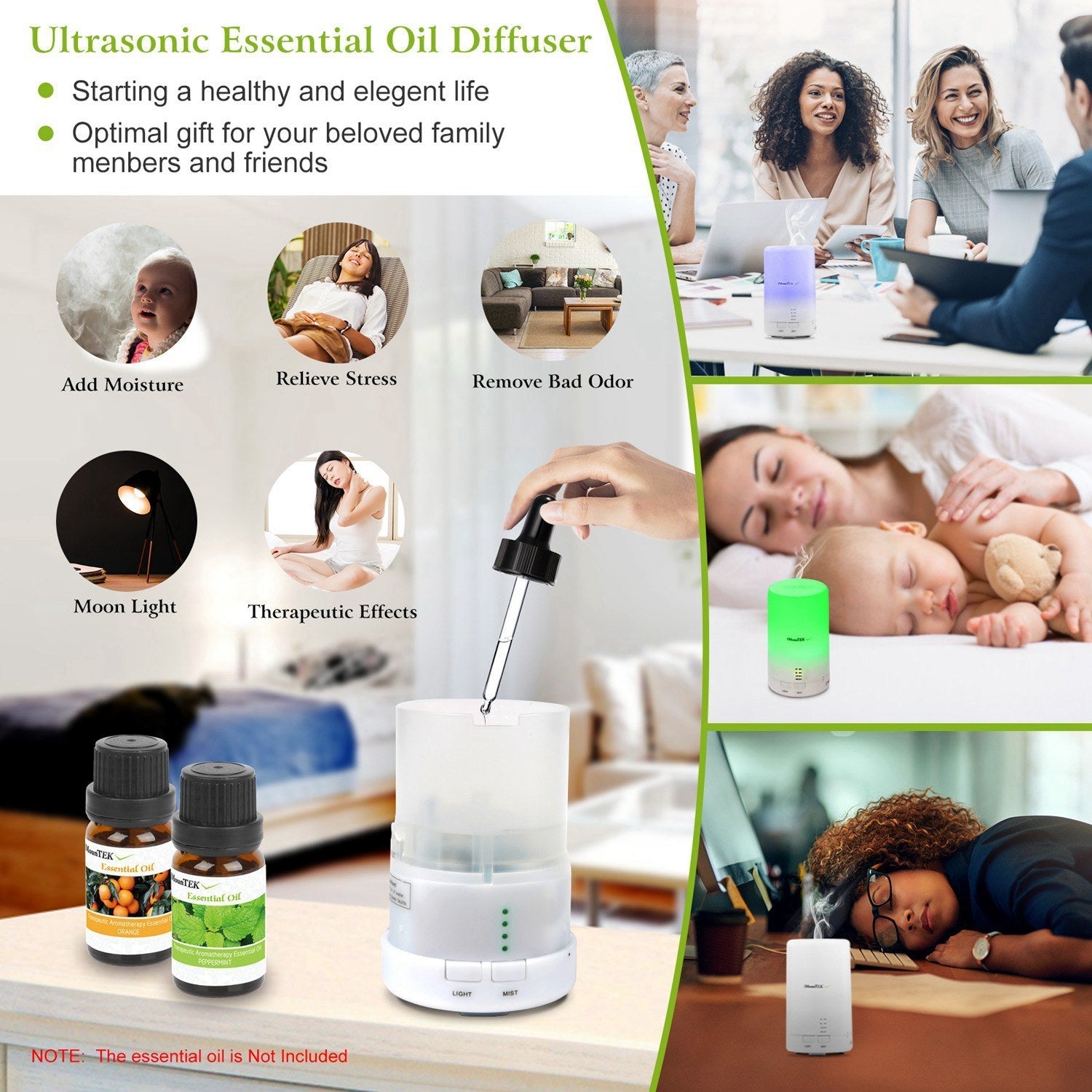 White mini ultrasonic aroma diffuser with green LED light and mist output