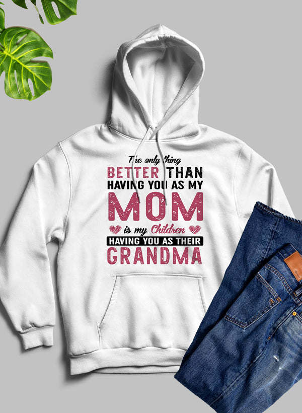 White pullover hoodie with hood and centered “Mom” lettering graphic