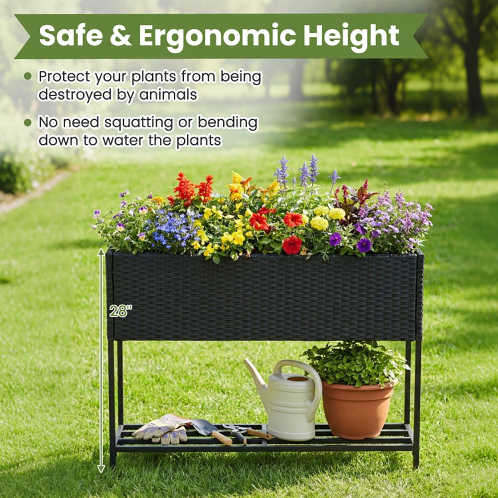 Raised Wicker Garden Bed with Storage Shelf and Removable Liner