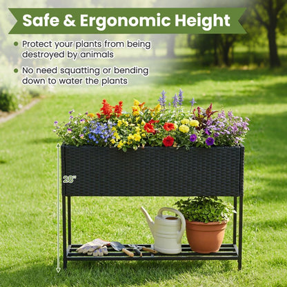 Raised Wicker Garden Bed with Storage Shelf and Removable Liner