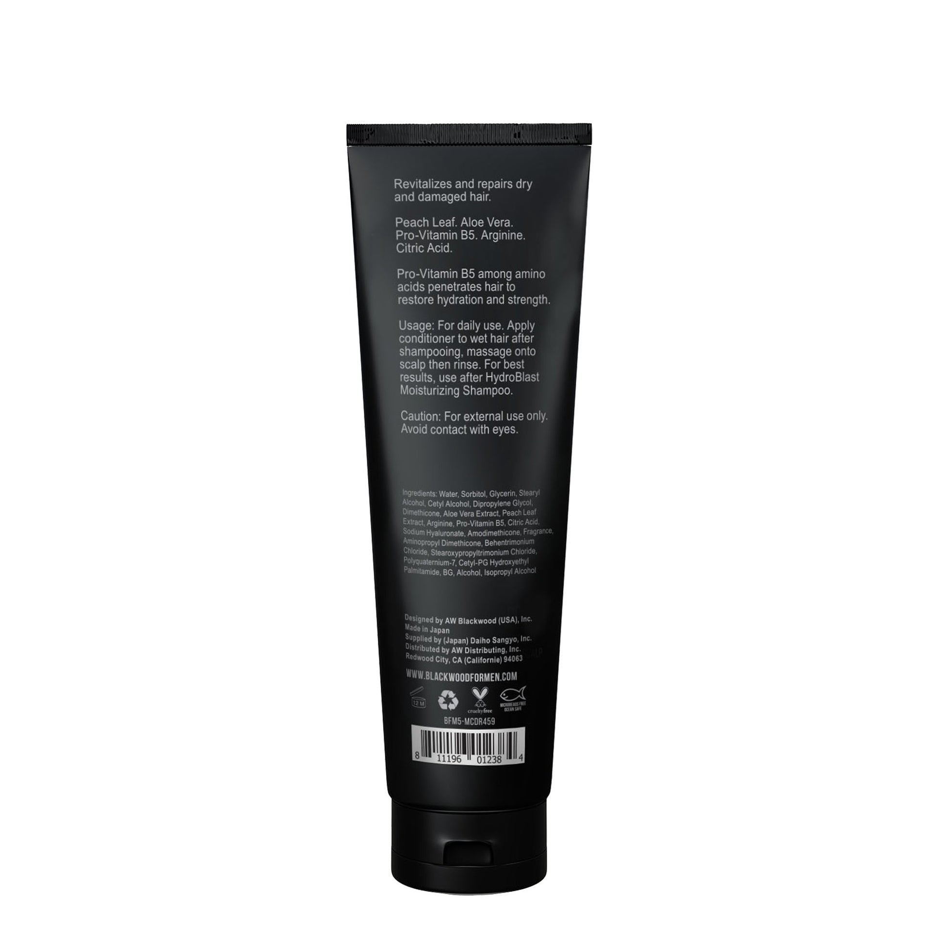 HydroBlast moisturizing conditioner tube, BLACKWOOD for Men, back side text and icons