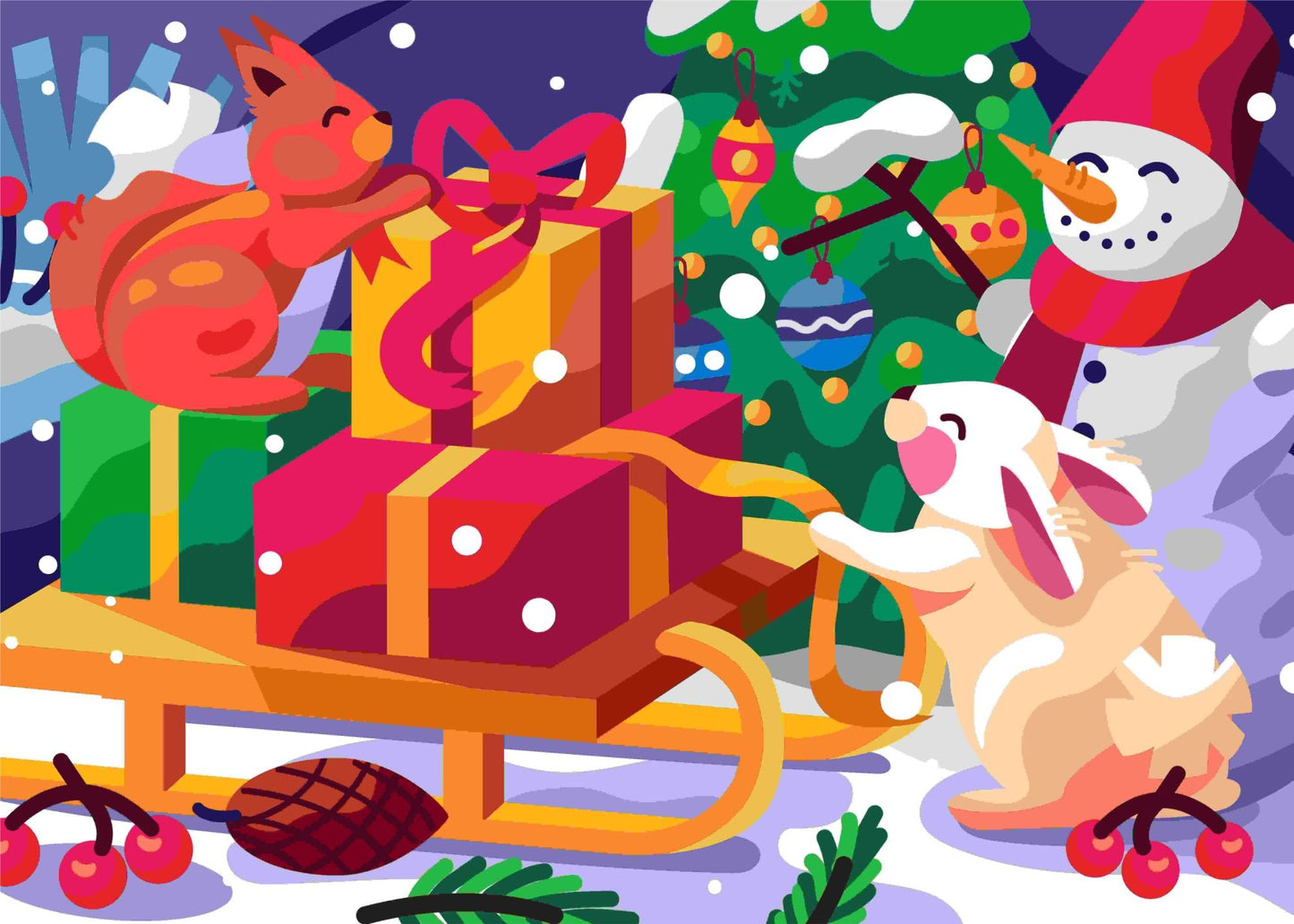 Christmas 1000-piece jigsaw puzzle with fox, cat, snowman and gift box illustration