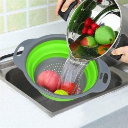 Collapsible silicone colander set of 2, green perforated basket under running water