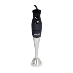 Handheld immersion blender with mixing head, black handle and silver blending shaft