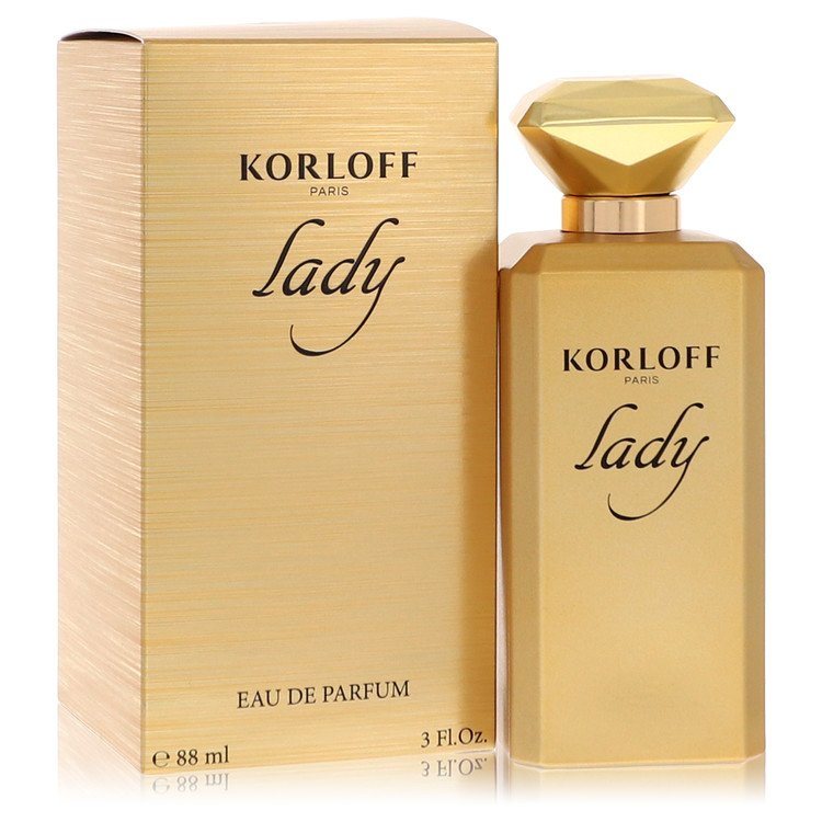 Korloff Lady Eau de Parfum spray bottle with gold cap and matching box