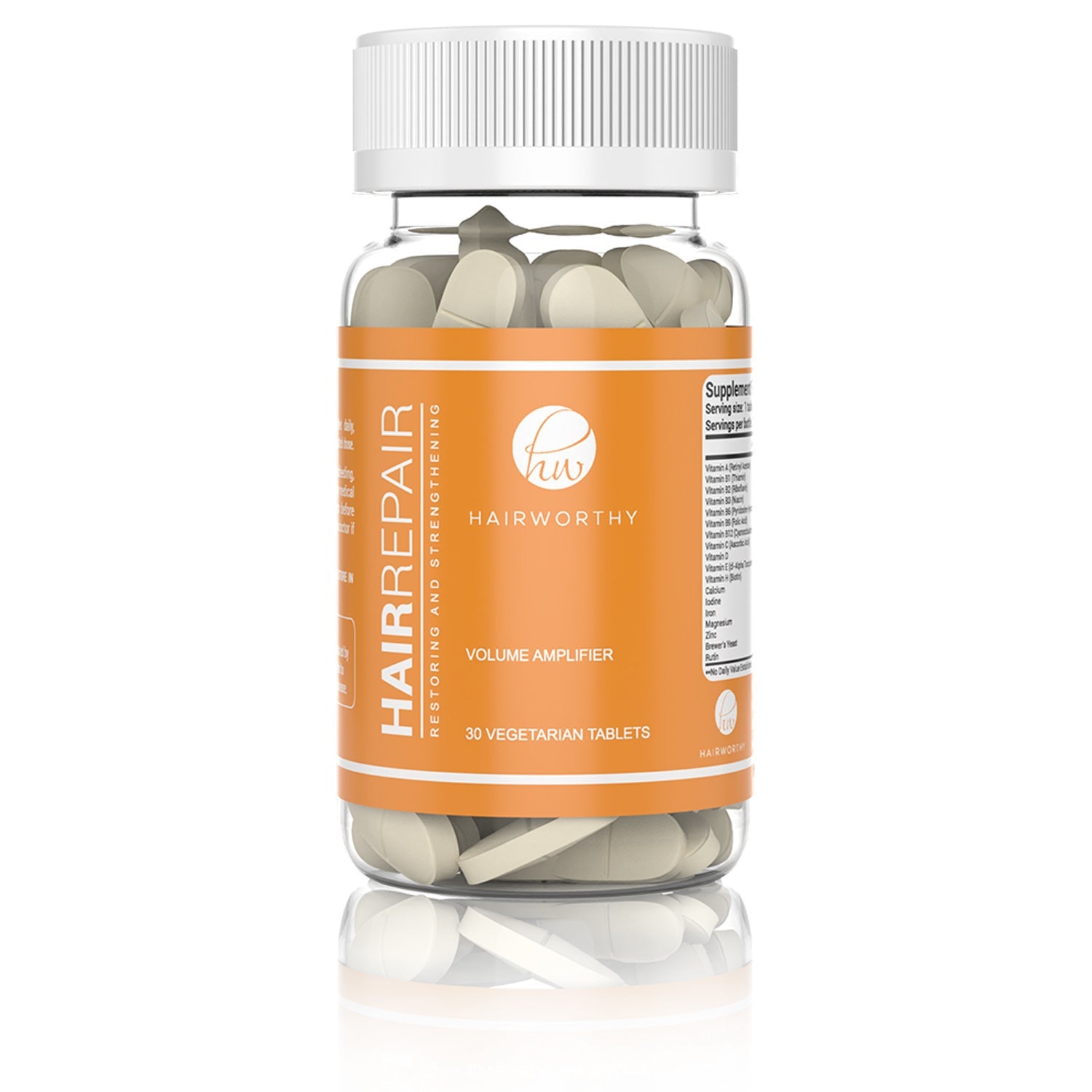 Hair repair tablets bottle with white cap, orange label; 30 vegetarian tablets