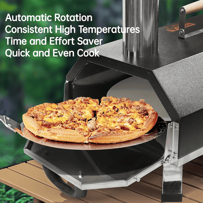 12-inch Automatic Rotating Pizza Oven with Built-in Thermometer-Portable Wood-Fired Pizza Oven, Outdoor Kitchen Authentic Stone-Baked Pizza, Independent Carbon Grill, Wheel-equipped Pizza