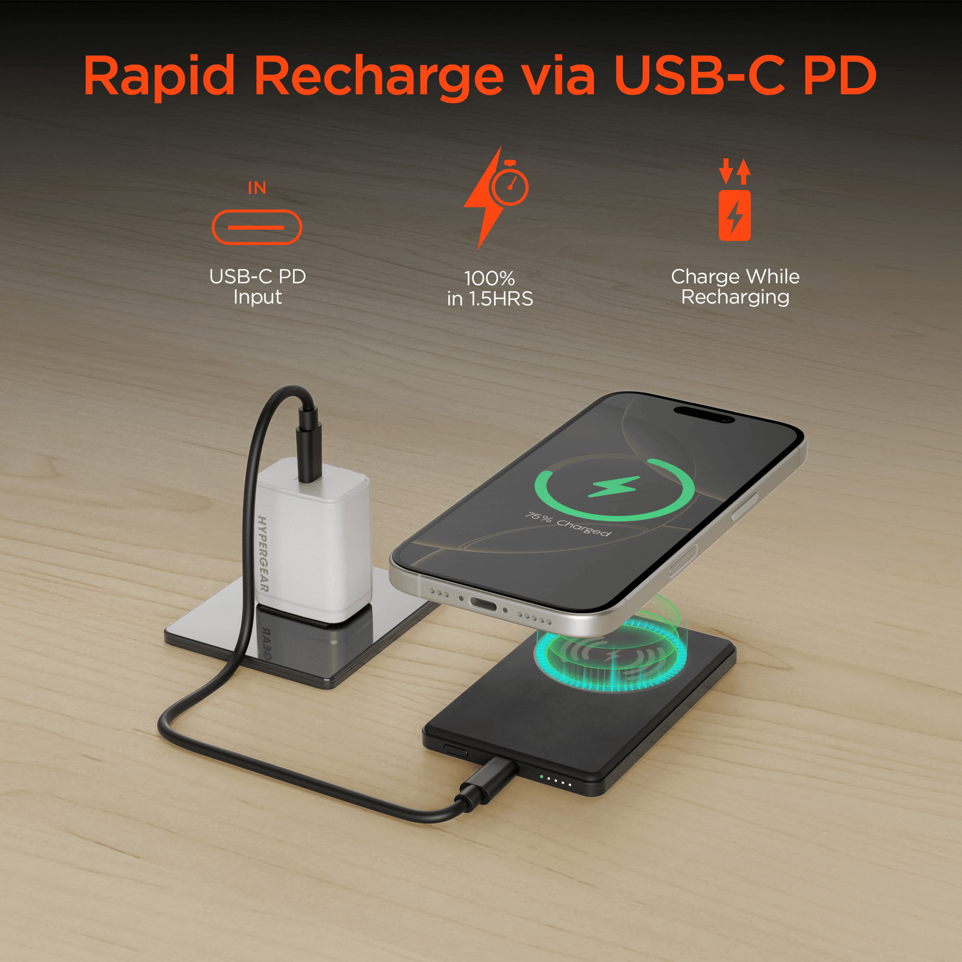 Black magnetic power bank resting on a charging dock pad