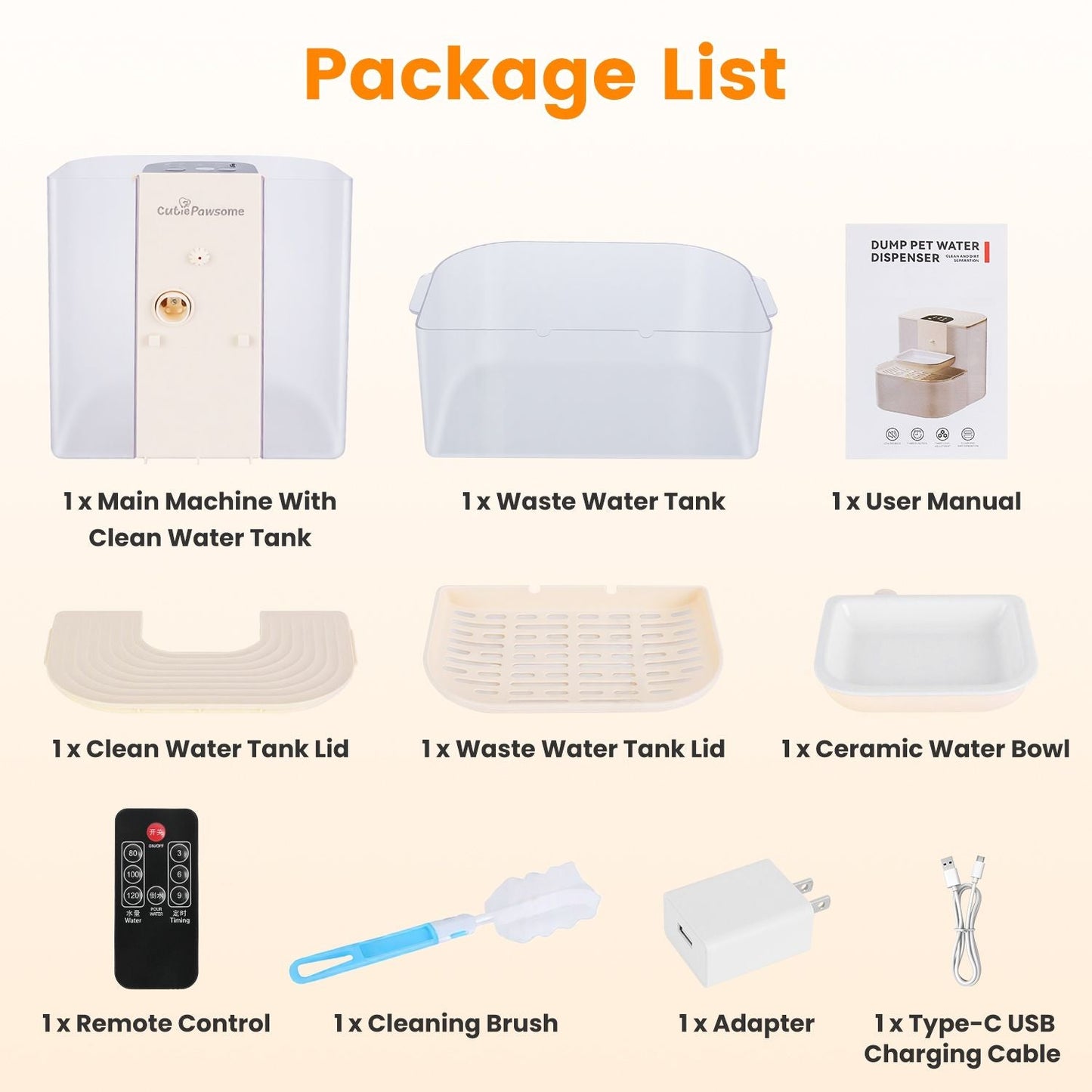 Beige automatic water fountain parts layout with machine, tank, ceramic bowl, remote, brush