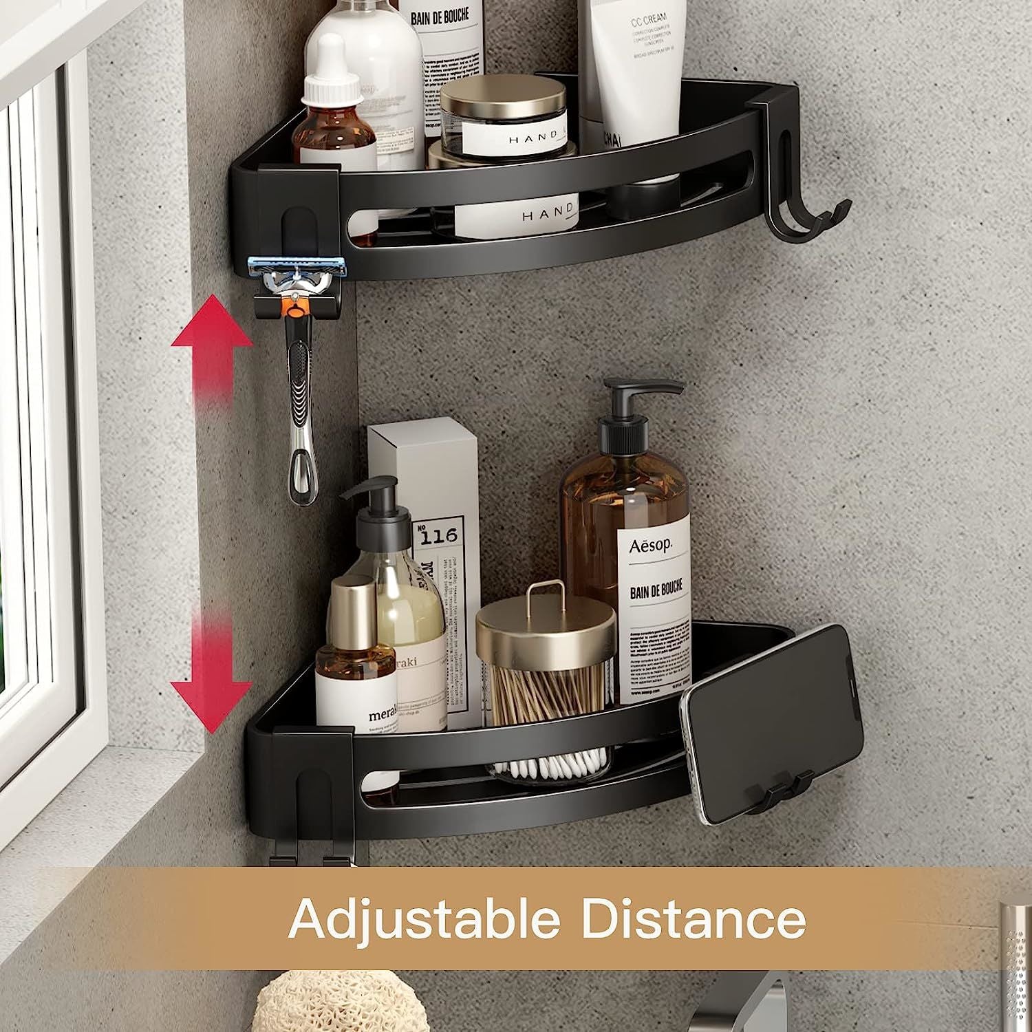 Black corner shower shelf caddy with two tiers and adjustable distance between shelves