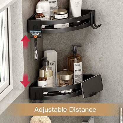 Black corner shower shelf caddy with two tiers and adjustable distance between shelves