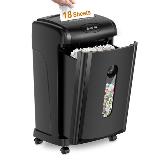 Black cross-cut paper shredder with pull-out bin and paper feed slot, front open