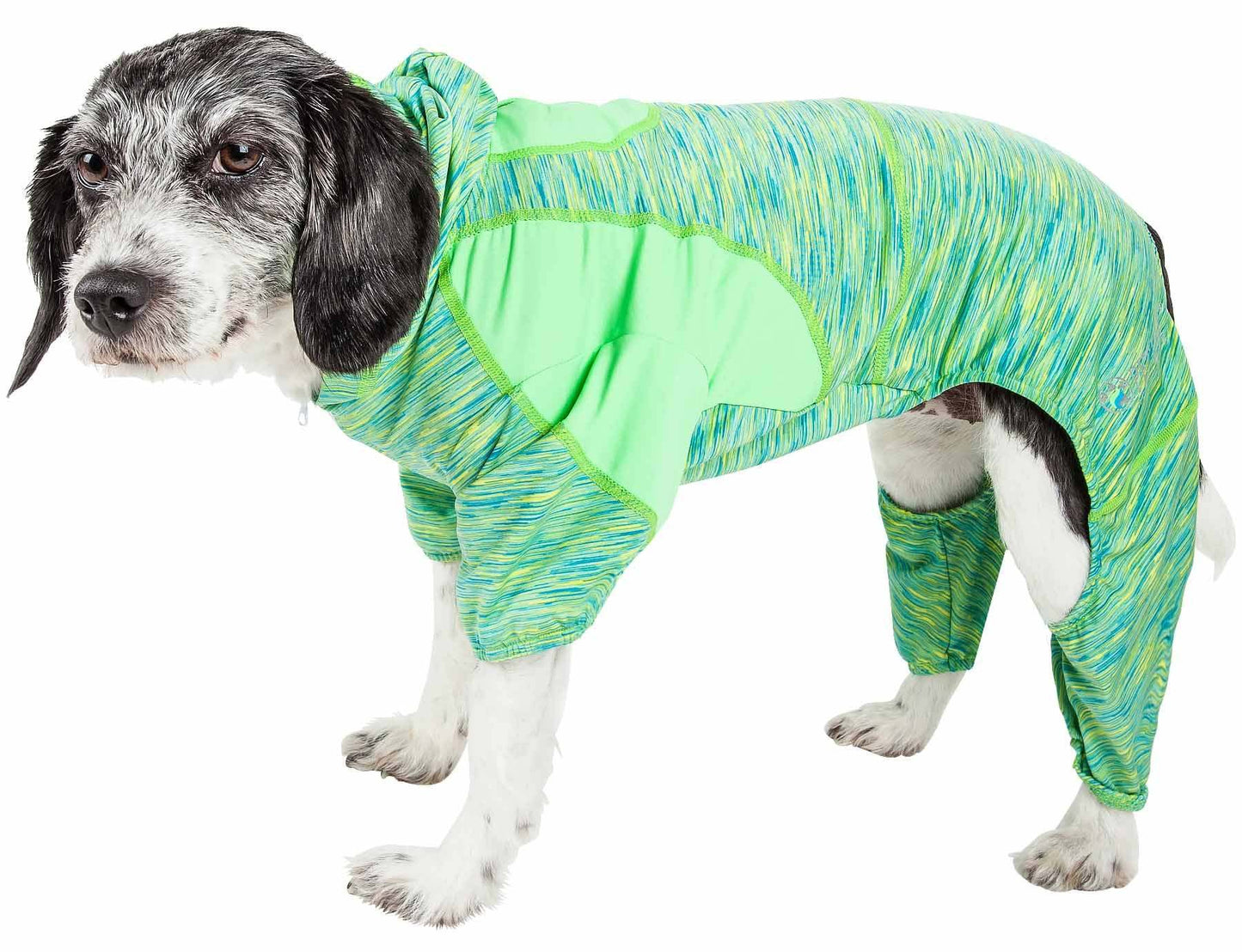 Dog full-body hoodie in two-tone neon green and blue heather, hooded zip front