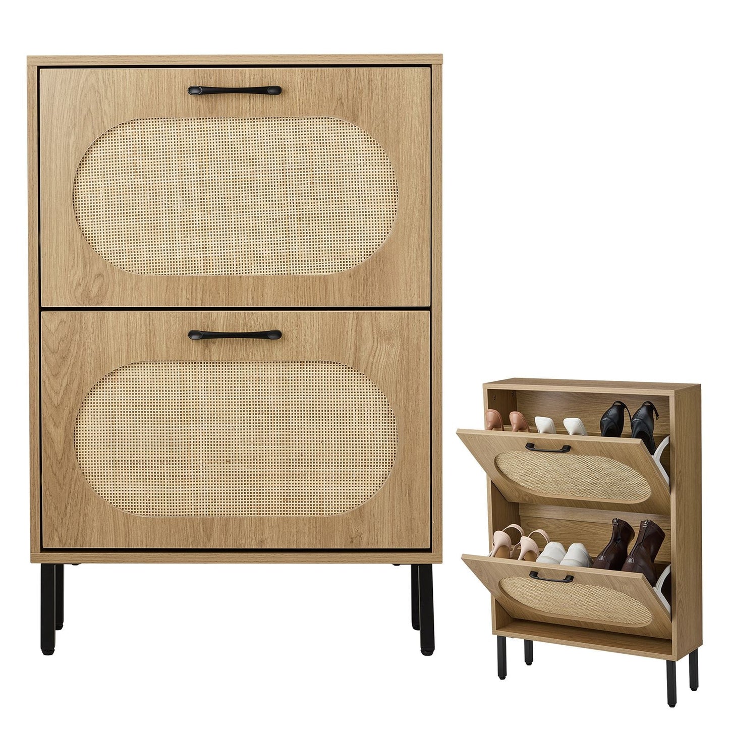 Rattan Shoe Cabinet with 2 Flip Doors, Narrow Freestanding Shoe Organizer, Modern Narrow Shoe Storage Cabinet with Metal Legs for Entryway, Hallway, Closet (Natural)