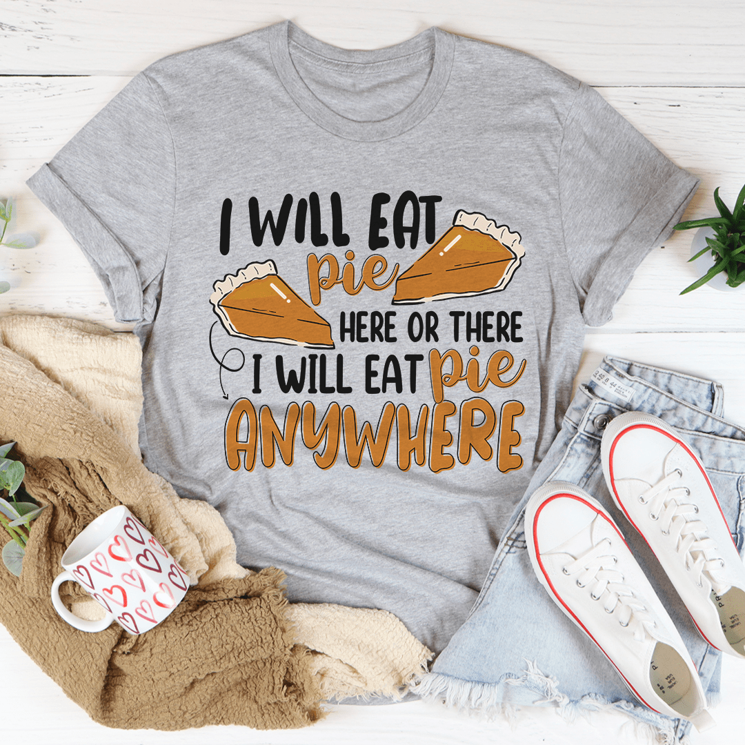 Heather gray crew-neck T-shirt featuring stacked pie and “I will eat pie”