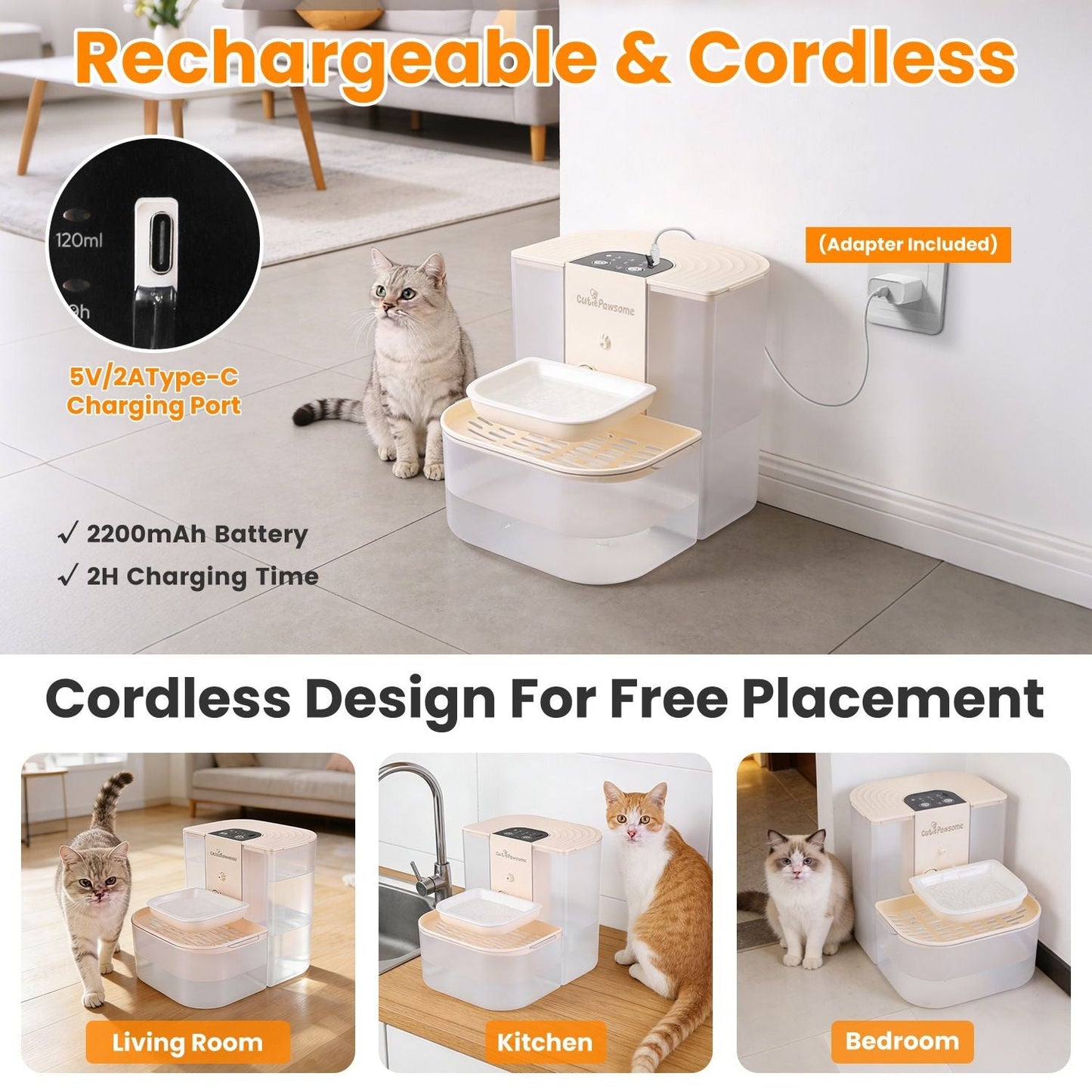 Beige cordless pet water fountain with charging port and power cable nearby