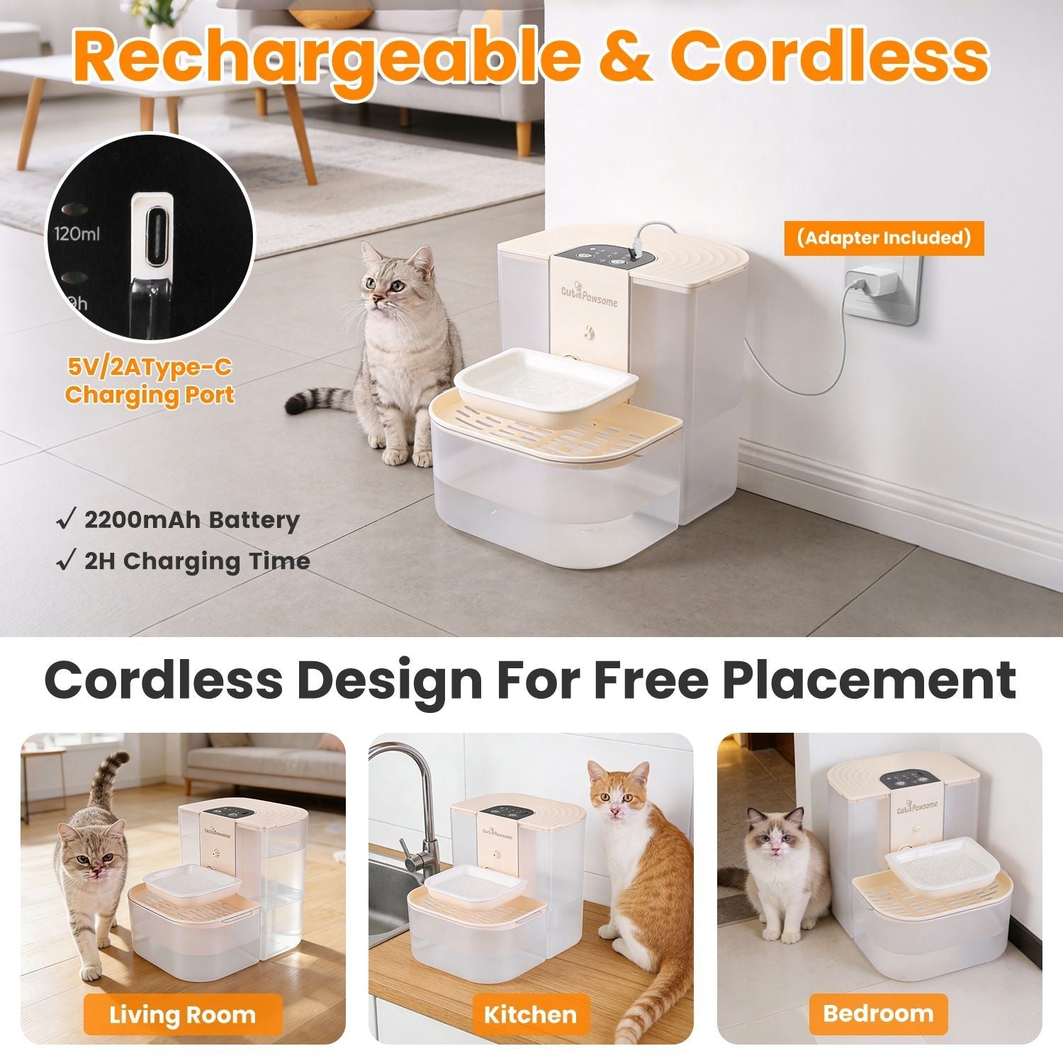 Beige cordless pet water fountain with charging port and power cable nearby