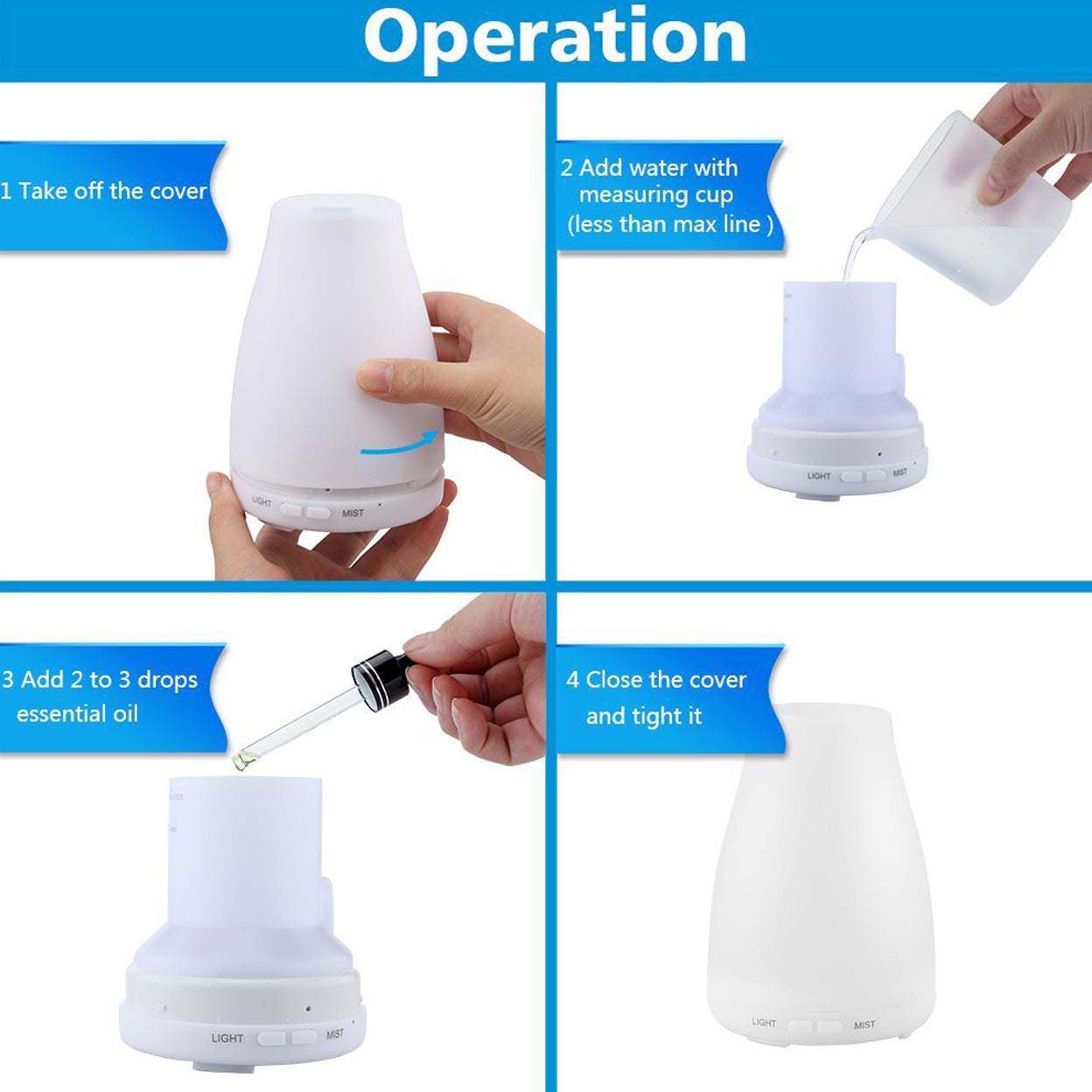 Aromatherapy-free humidifier shown during water-filling and cover-closing steps.