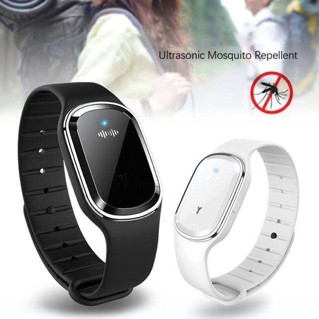 Mosquito repellent watch bands showing oval screens, one black and one white