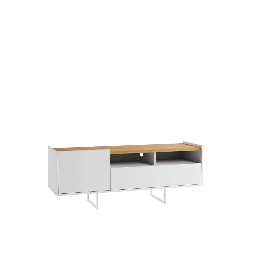 White TV stand with cinnamon top, two doors, and open center shelving