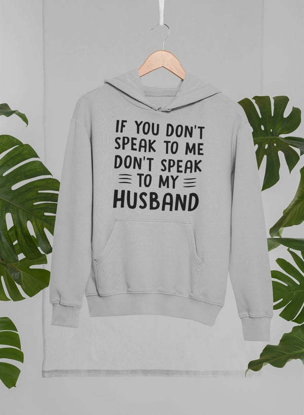 Light gray hoodie with bold white quote graphic on front, front pocket, drawstring hood