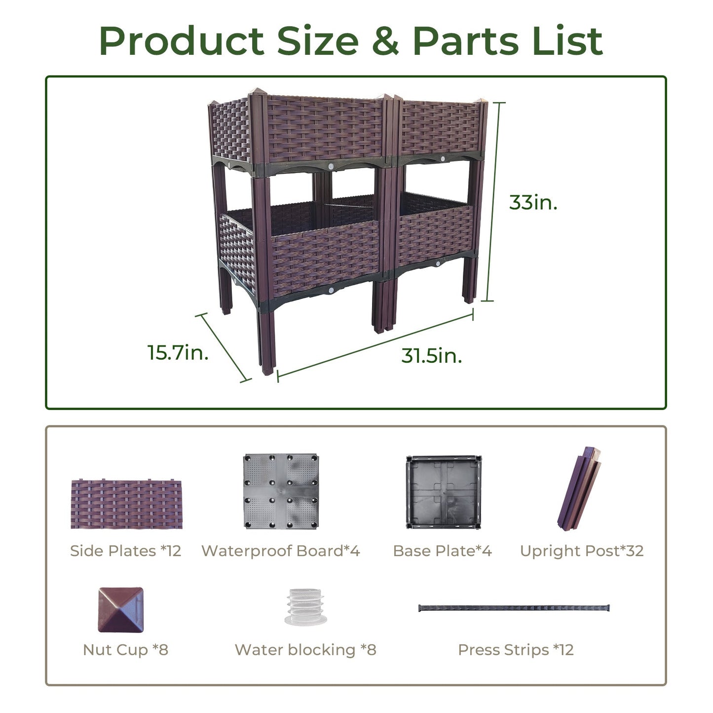 Raised garden bed planter size diagram with parts layout and upright posts