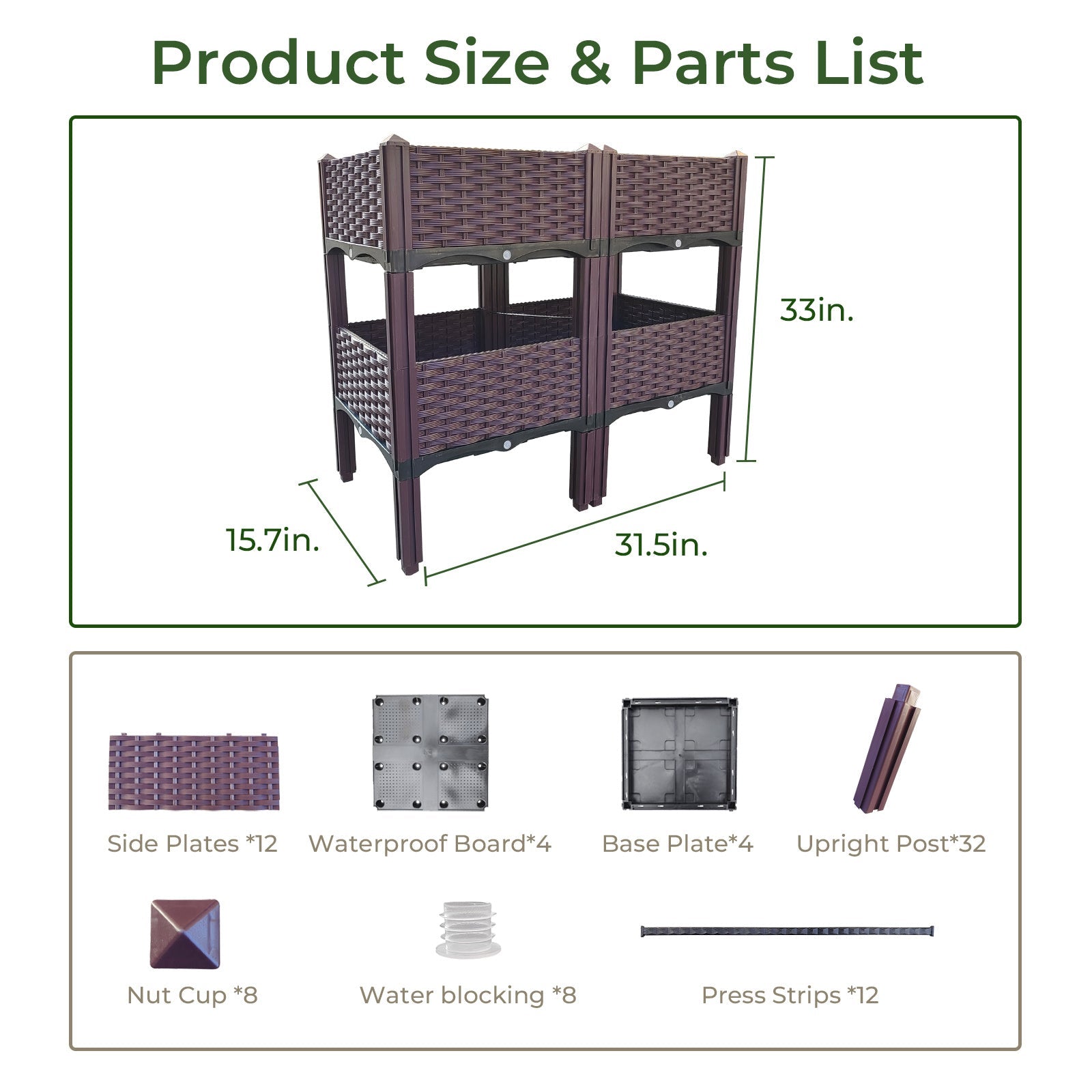 Raised garden bed planter size diagram with parts layout and upright posts