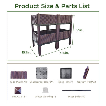 Raised garden bed planter size diagram with parts layout and upright posts