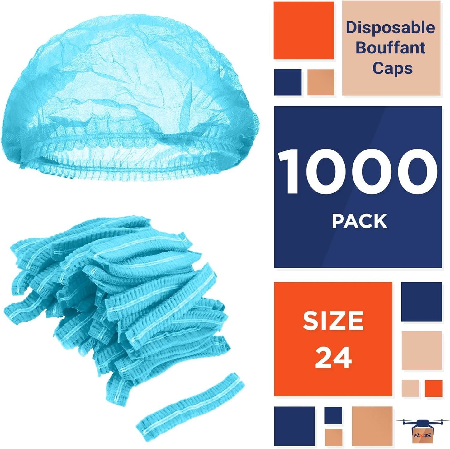 Blue Pleated Bouffant Hair Nets 24'; Disposable Hair Covers for Nurses Pack of 1000; Breathable Polypropylene Bouffant Caps; Disposable Hair Caps for Nurses with Elastic Stretch Band
