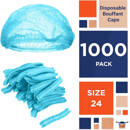 Blue Pleated Bouffant Hair Nets 24'; Disposable Hair Covers for Nurses Pack of 1000; Breathable Polypropylene Bouffant Caps; Disposable Hair Caps for Nurses with Elastic Stretch Band