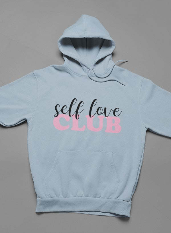 Sport grey hoodie with 'self love CLUB' front print, pullover hood and long sleeves