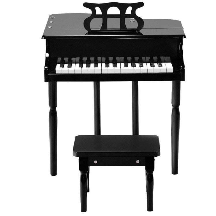 Black kids toy piano keyboard with music rack and matching bench