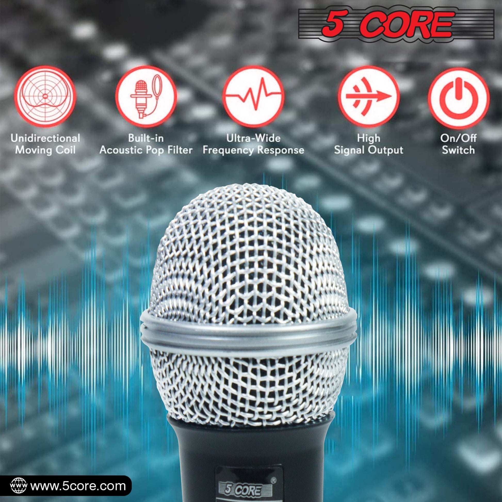 Light blue wired handheld dynamic microphone with black grille, close-up