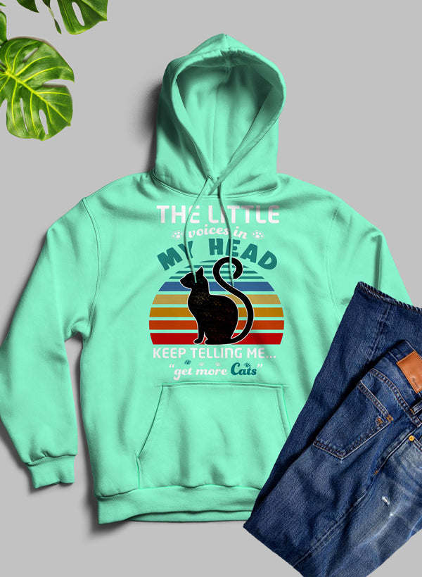 Mint pullover hoodie with hood up and chest cat graphic over striped sunrise backdrop