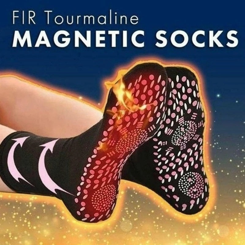 Black magnetic socks with pink and red dotted pattern on toe and foot area