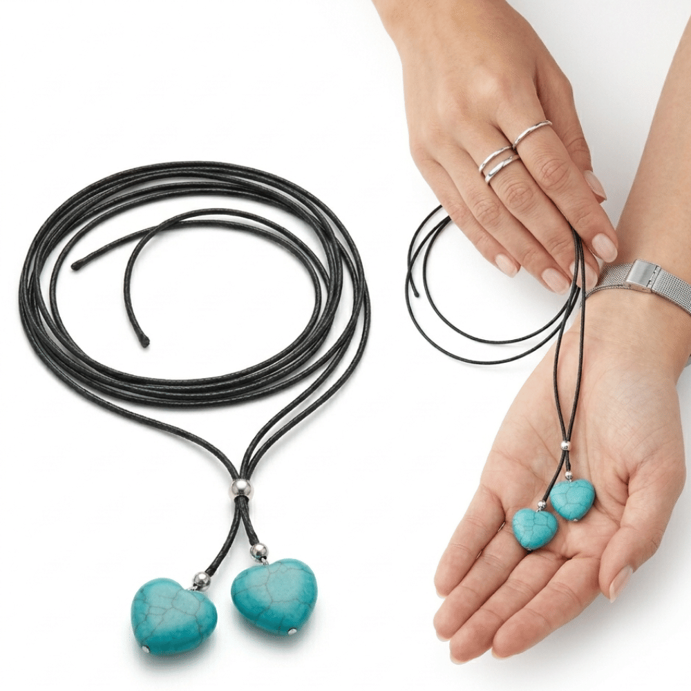 Boho Turquoise Double Layer Rope Necklace for Women Retro Heart Pendant Statement Jewelry Gift